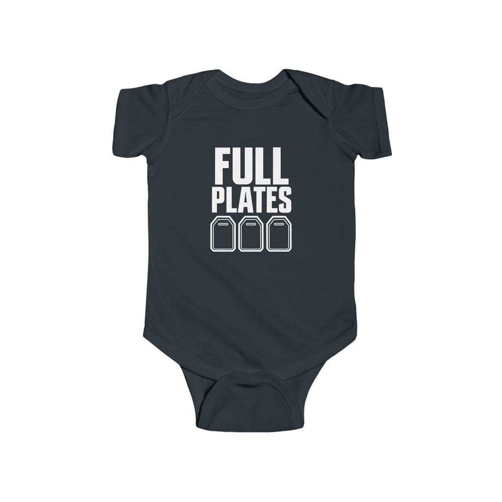Black baby bodysuit with “FULL PLATES” gaming graphic on the front