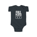 Black baby bodysuit with “FULL PLATES” gaming graphic on the front