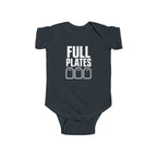 Black baby bodysuit with “FULL PLATES” gaming graphic on the front