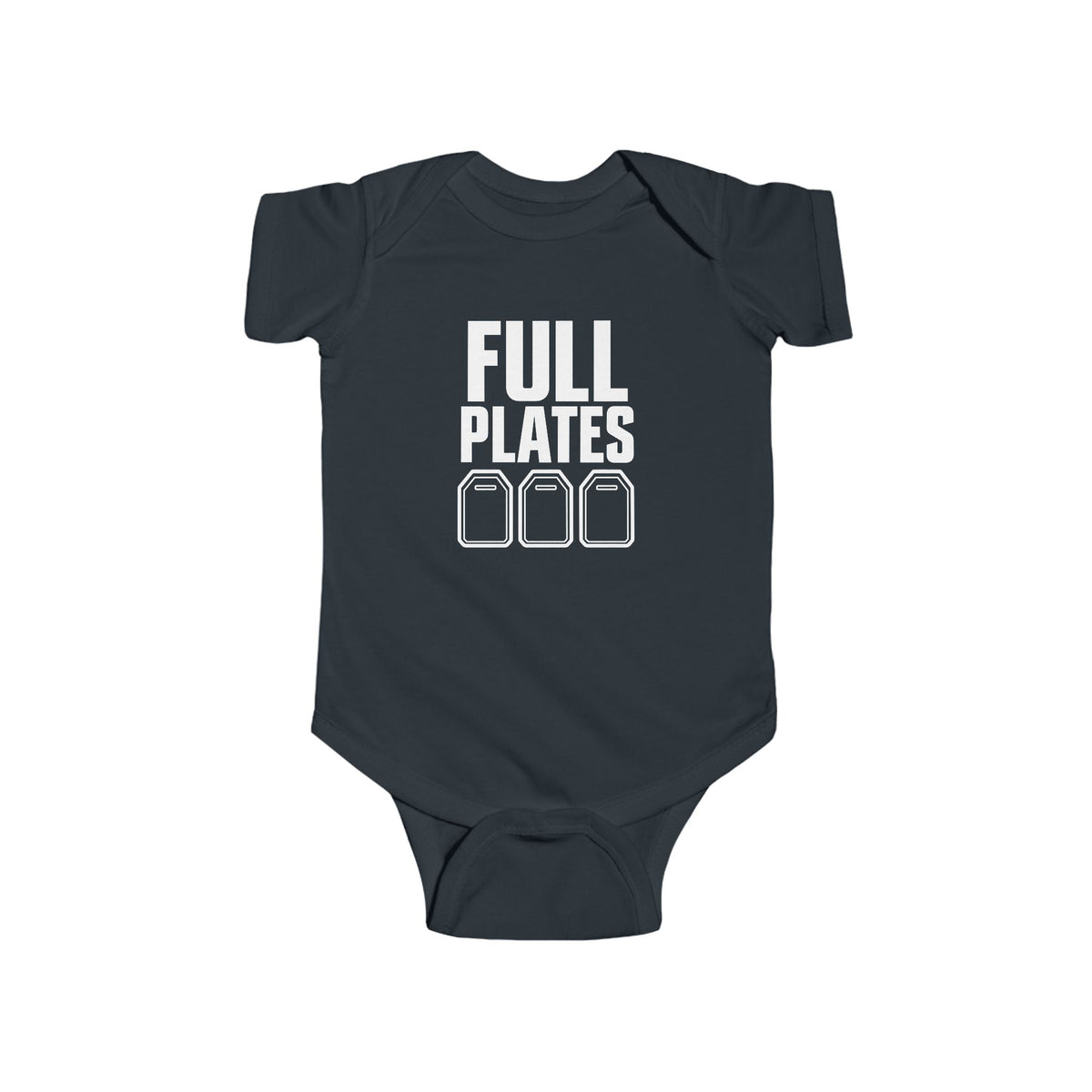Black baby bodysuit with “FULL PLATES” gaming graphic on the front
