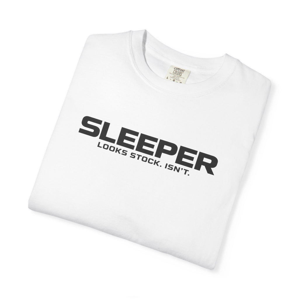 White crew-neck T-shirt with 'SLEEPER' front text graphic.