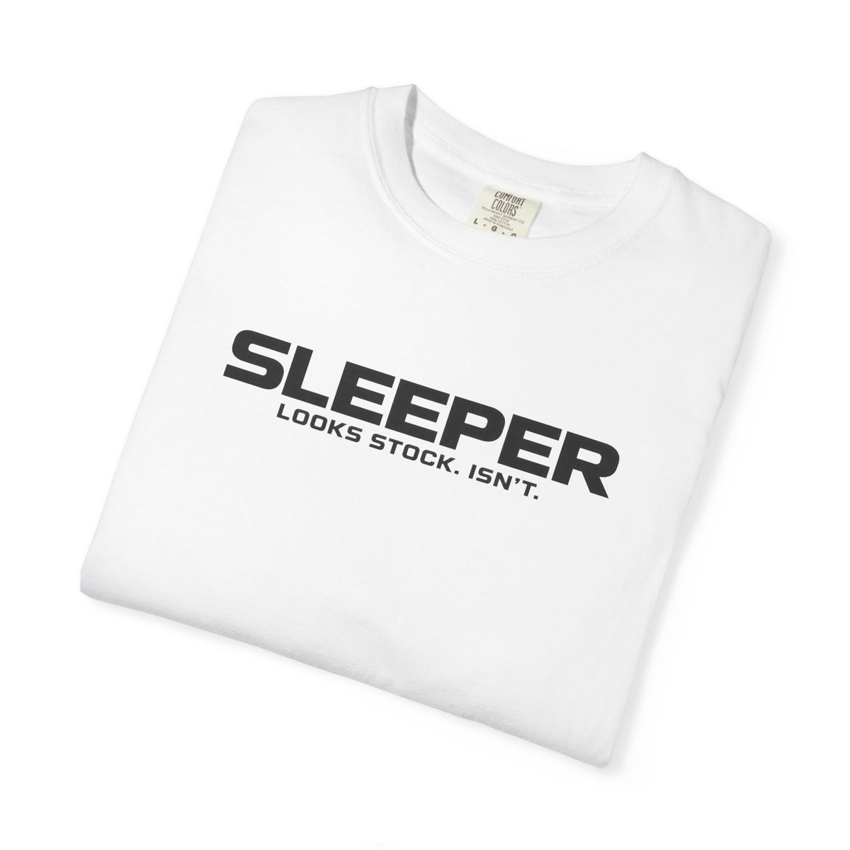 White crew-neck T-shirt with 'SLEEPER' front text graphic.