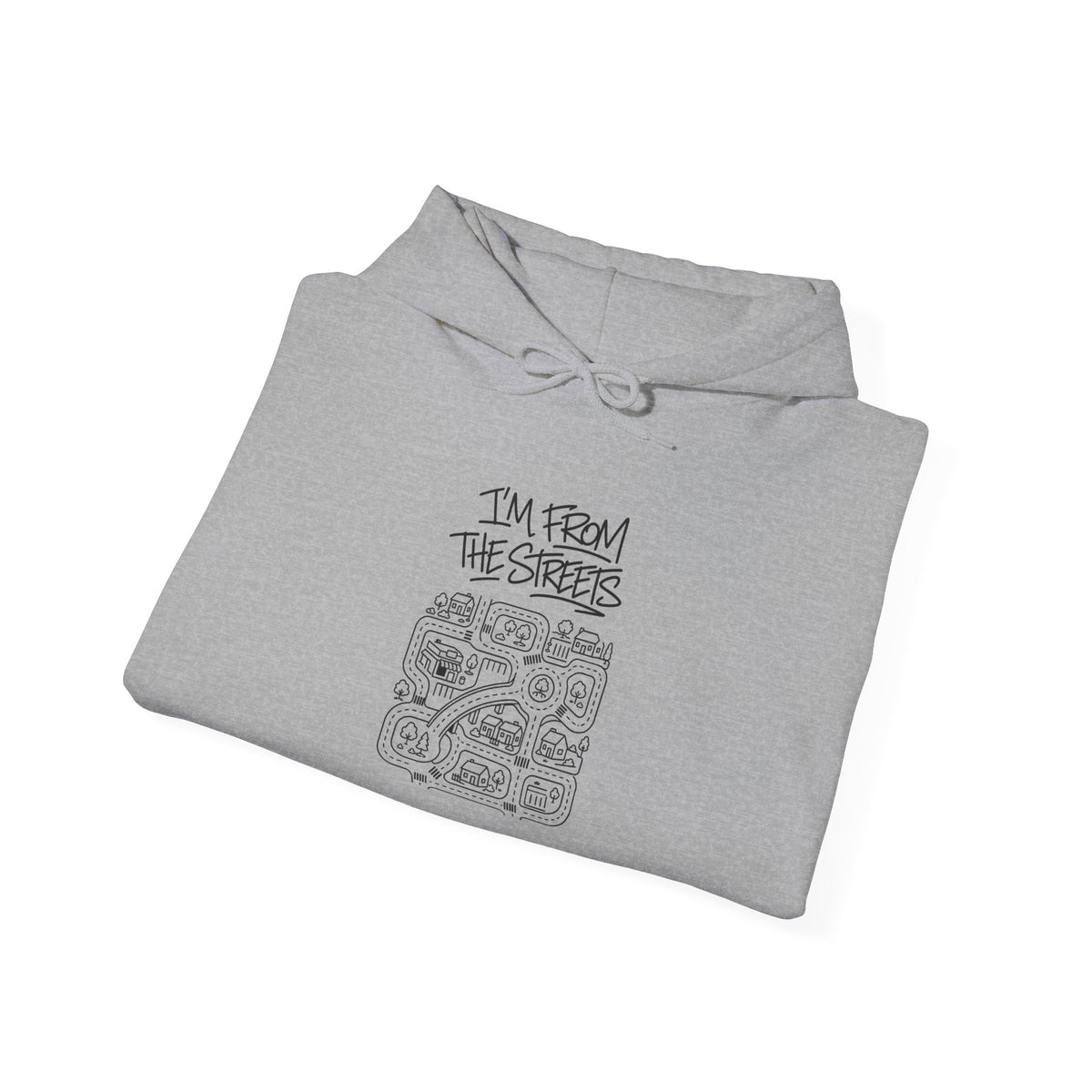 Sport grey pullover hoodie with hood, drawstrings, and front graphic map print