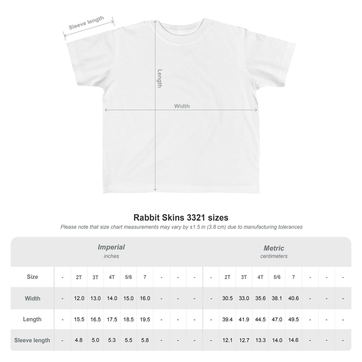 Toddler T-shirt size chart graphic with width and length measurements