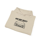 Sand-colored hoodie with front pocket and drawstring hood; car graphic on chest.