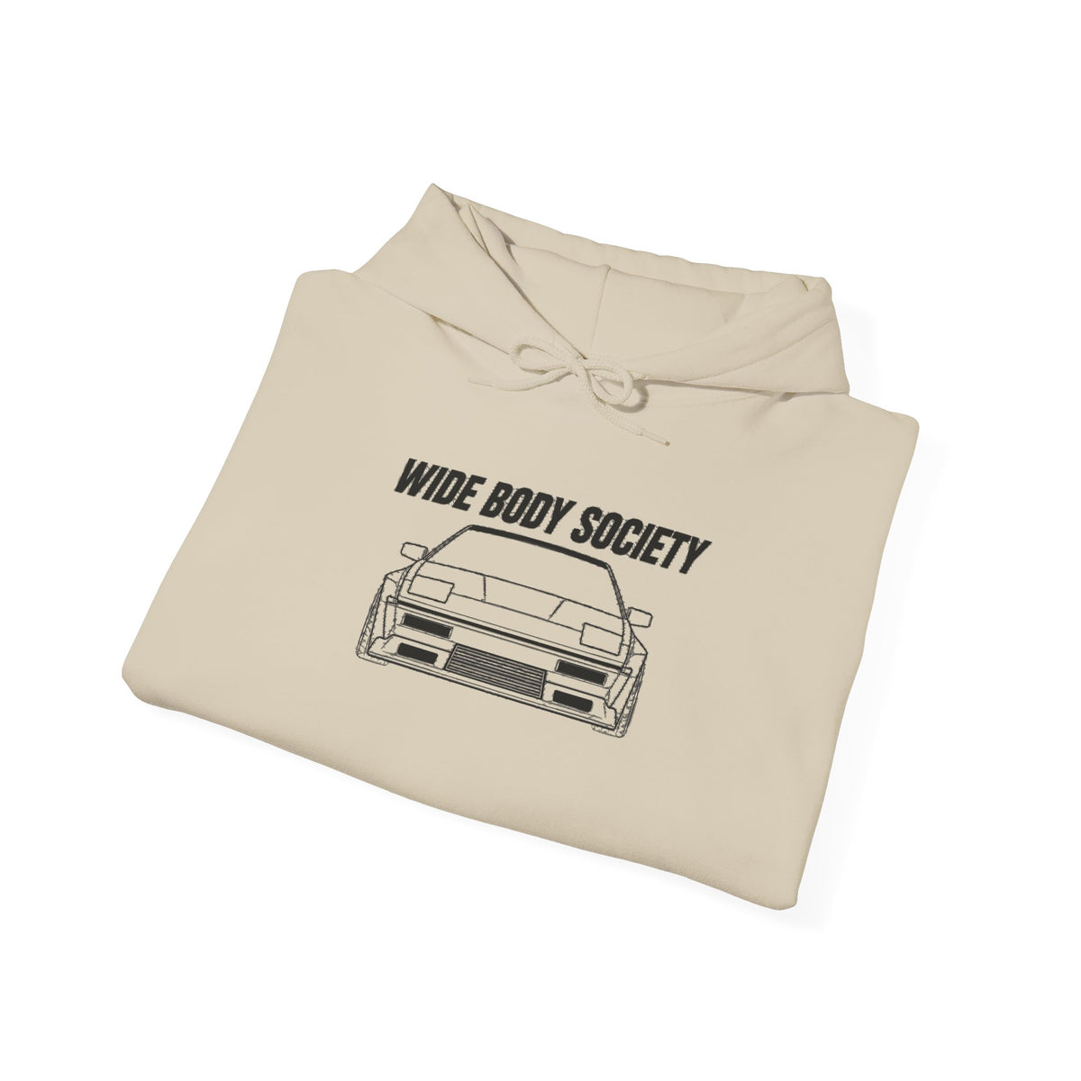 Sand-colored hoodie with front pocket and drawstring hood; car graphic on chest.