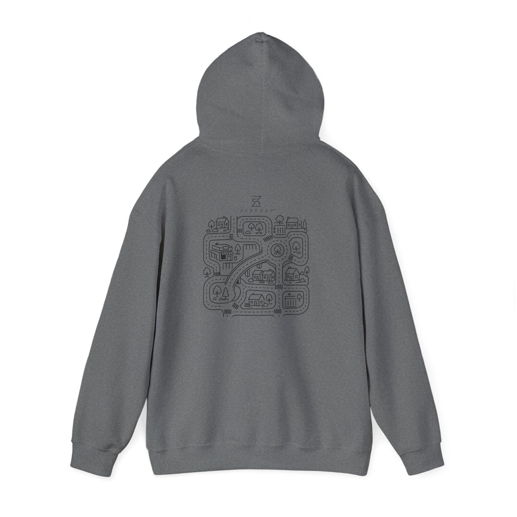 Graphite heather hoodie with hood and centered street-map graphic on the back