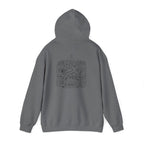 Graphite heather hoodie with hood and centered street-map graphic on the back