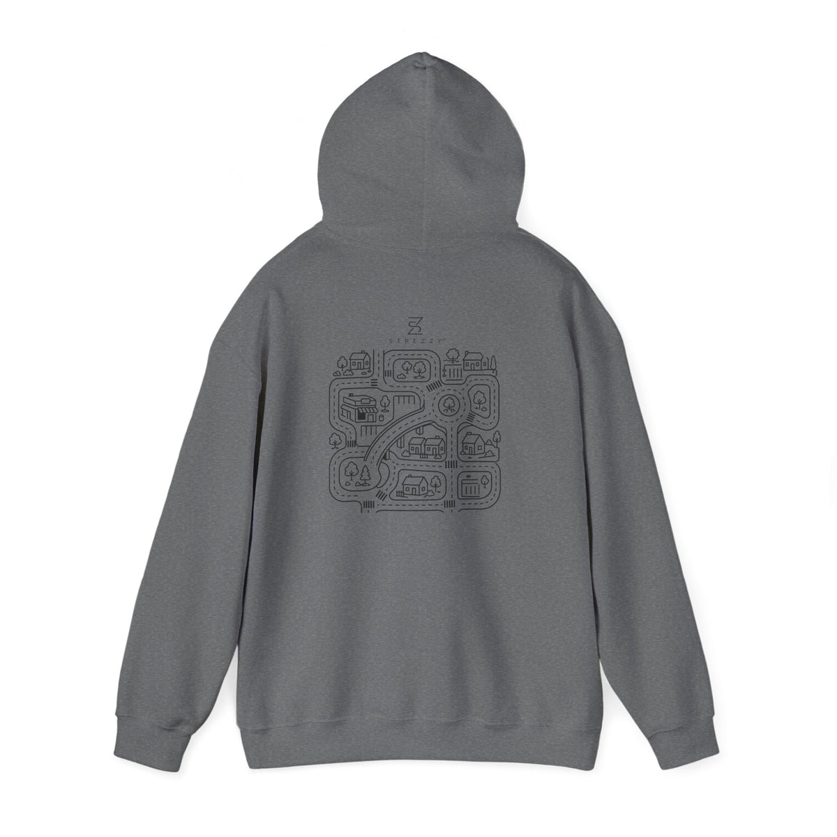Graphite heather hoodie with hood and centered street-map graphic on the back