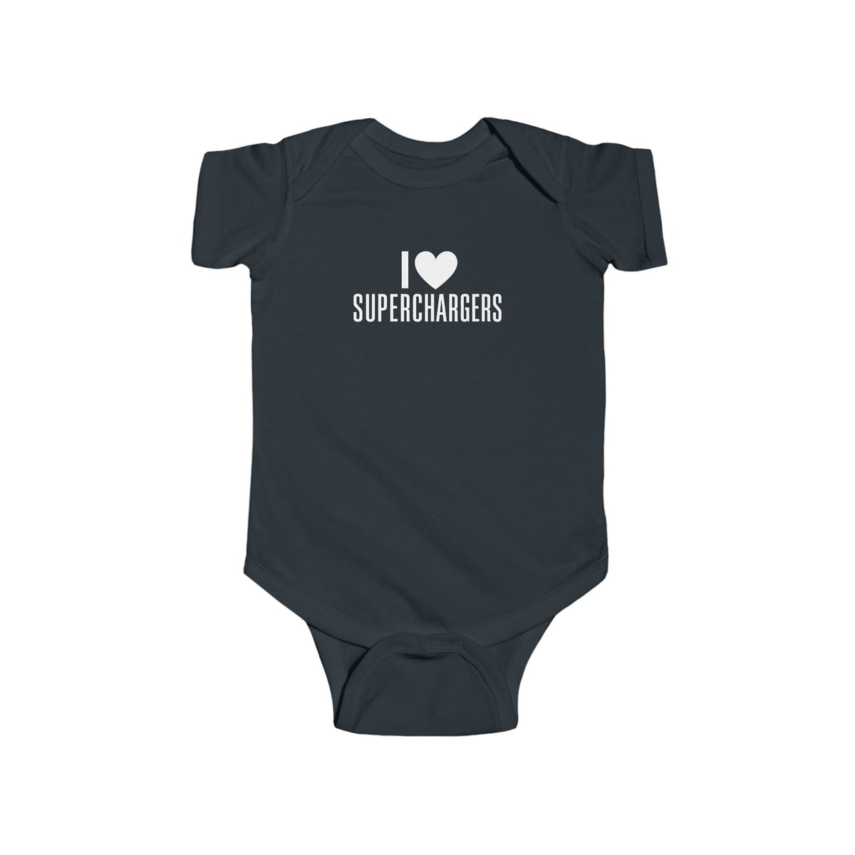 Black baby bodysuit with white “Superchargers” heart logo centered on the chest