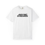White crew-neck T-shirt with ASYNC SYNCHROS graphic logo on the chest