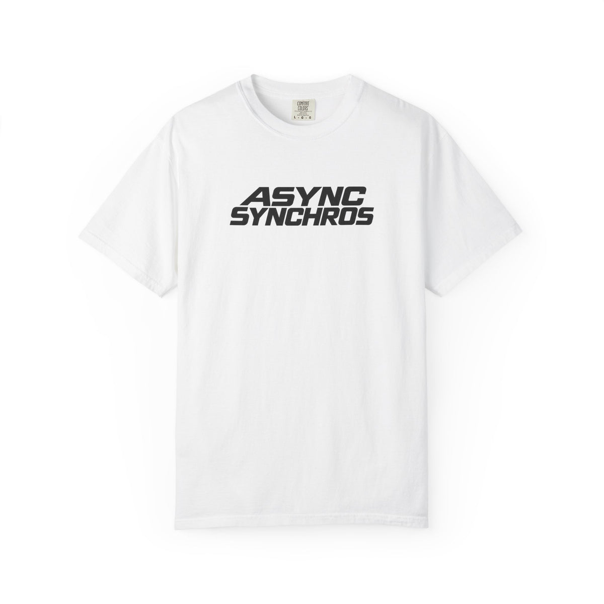 White crew-neck T-shirt with ASYNC SYNCHROS graphic logo on the chest