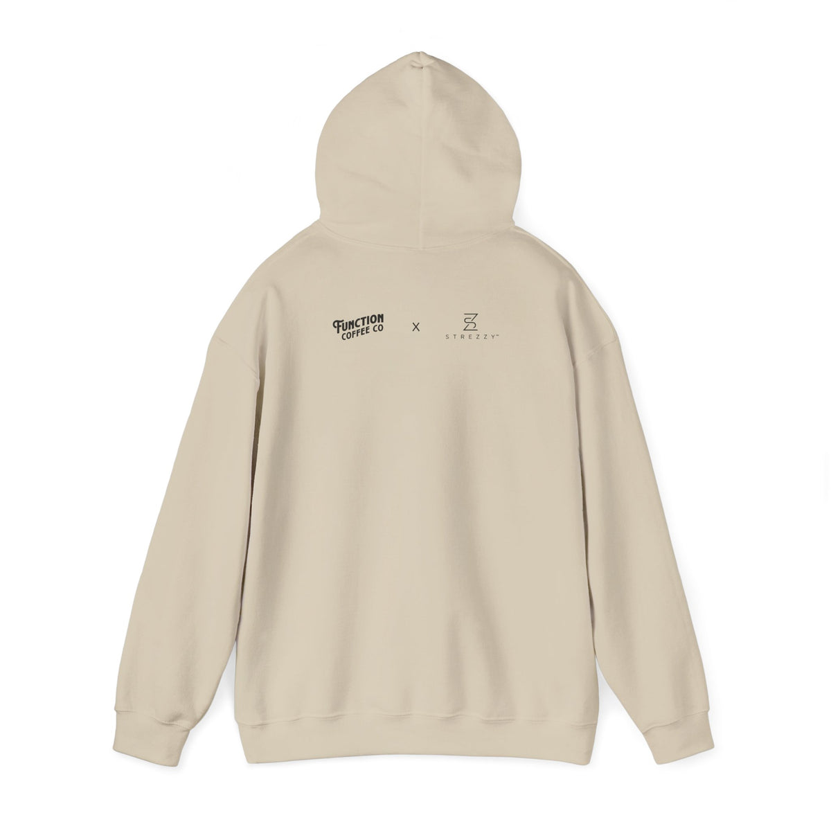 Beige hoodie back view with hood and drawstring; small chest logo graphic