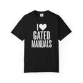 Black crew-neck T-shirt with "I ♥ GATED MANUALS" graphic