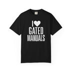Black crew-neck T-shirt with "I ♥ GATED MANUALS" graphic