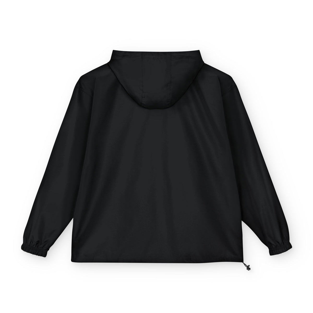 Black hooded anorak jacket back view with adjustable hem drawcords