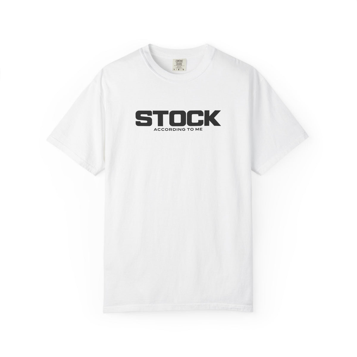 White crewneck T-shirt with STOCK graphic logo on the front