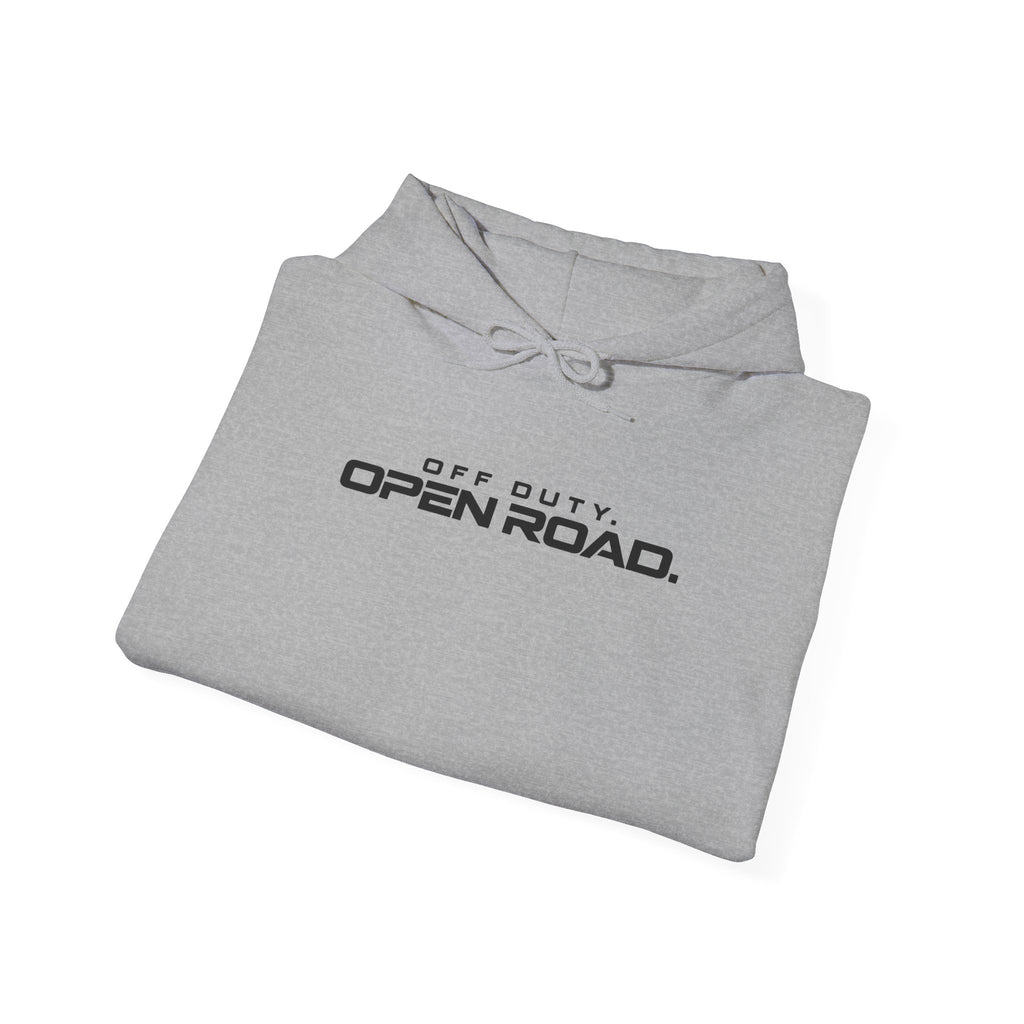 Heather gray hoodie folded, pullover hood and front pocket with Open Road logo