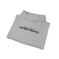 Heather gray hoodie folded, pullover hood and front pocket with Open Road logo