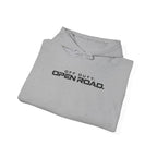 Heather gray hoodie folded, pullover hood and front pocket with Open Road logo