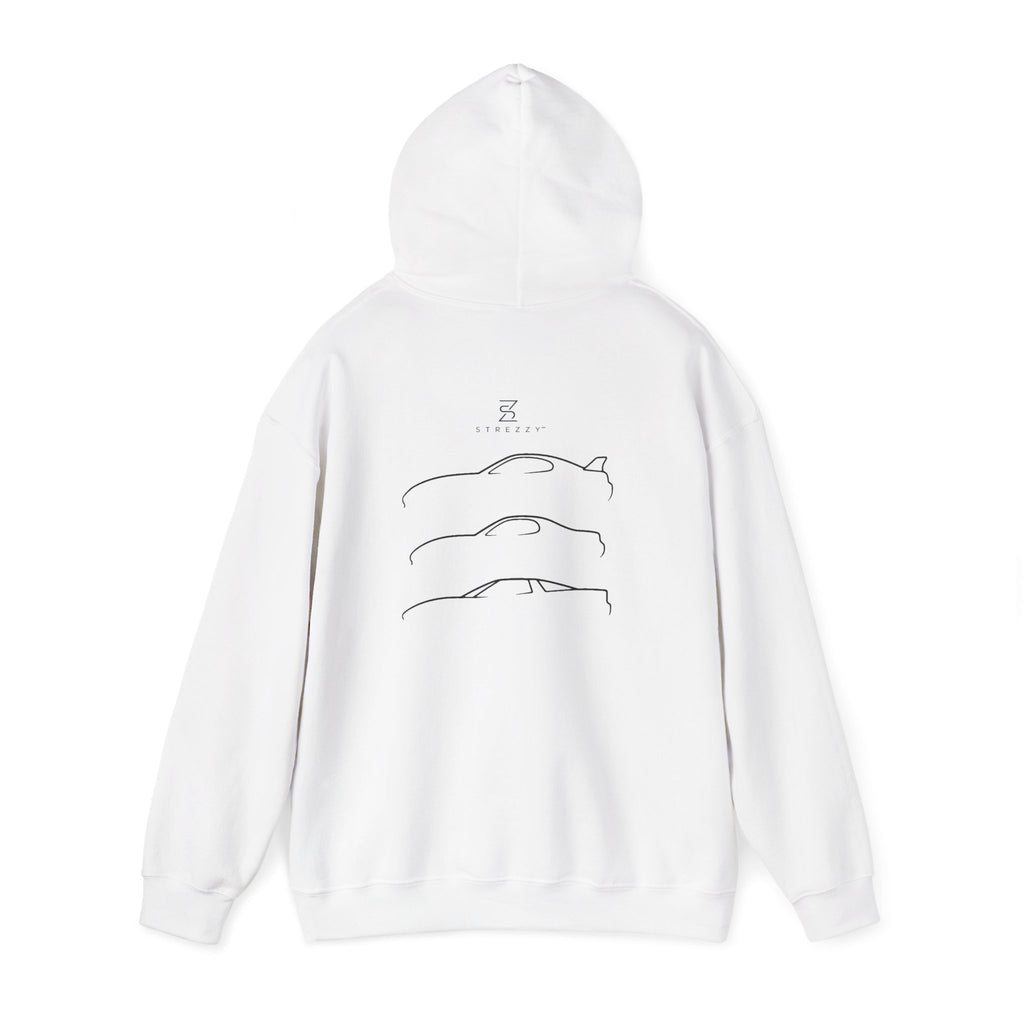 White pullover hoodie with three line car graphics and small logo on back
