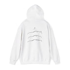 White pullover hoodie with three line car graphics and small logo on back