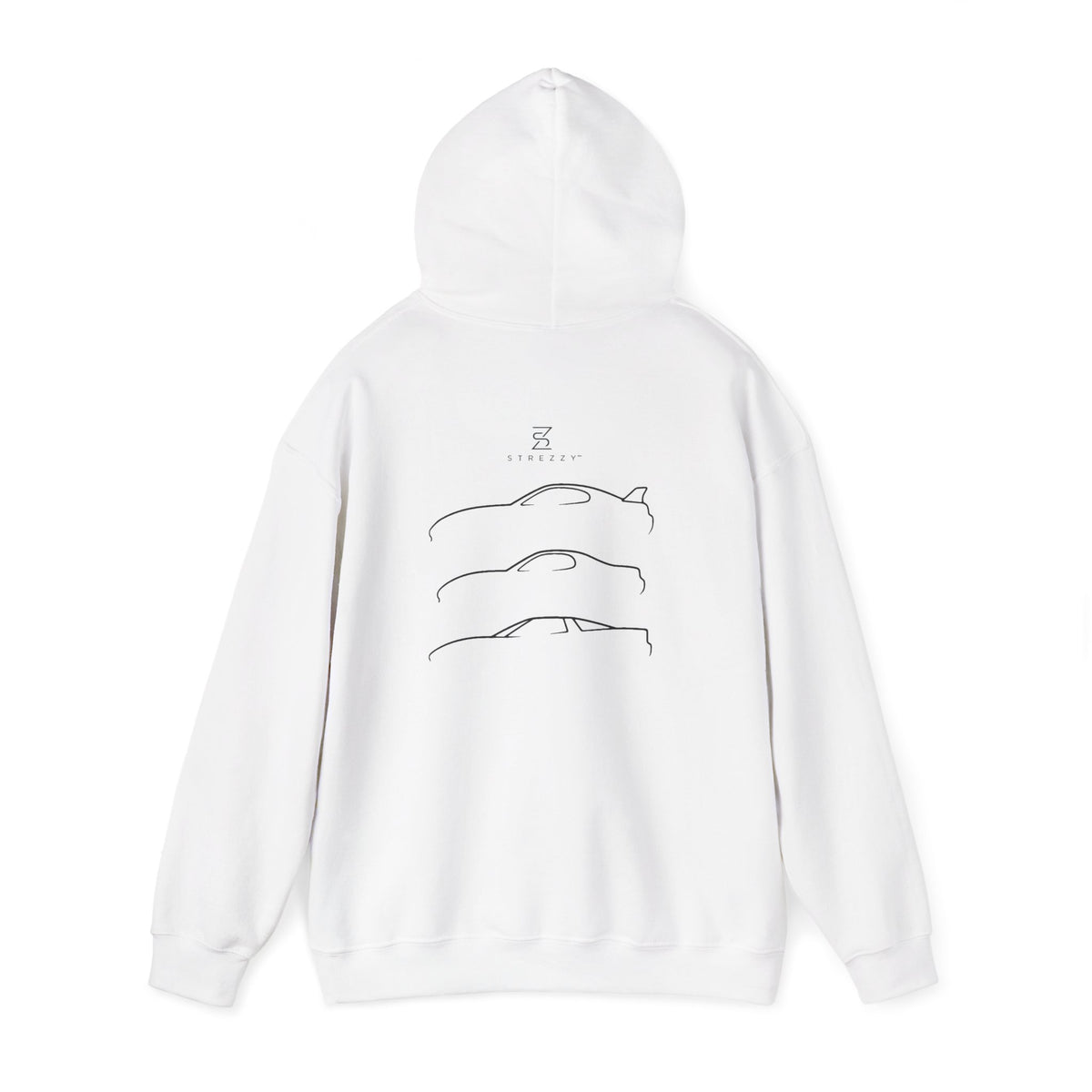 White pullover hoodie with three line car graphics and small logo on back