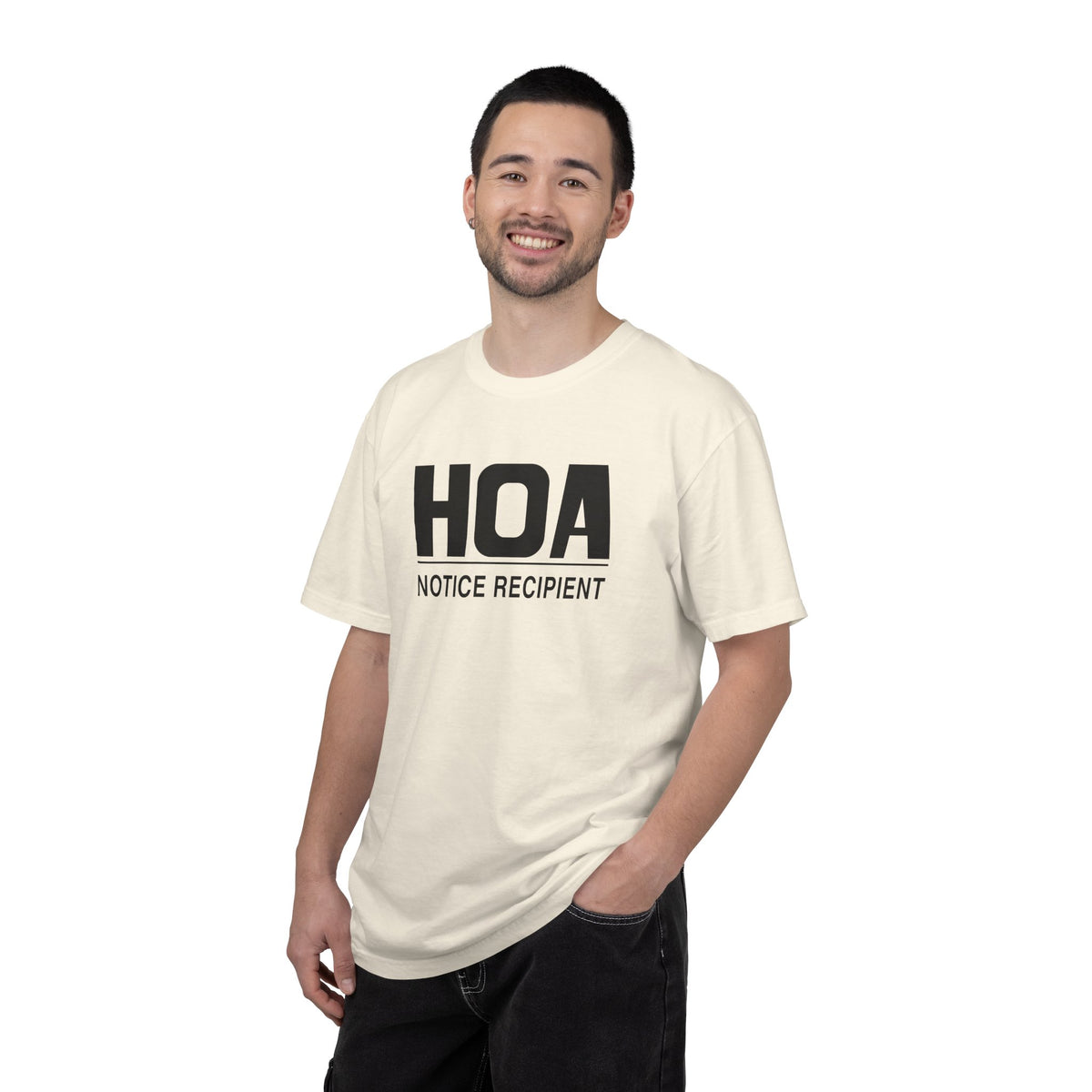 Cream HOA Notice Recipient T-shirt on model with "HOA" and "NOTICE RECIPIENT" front print