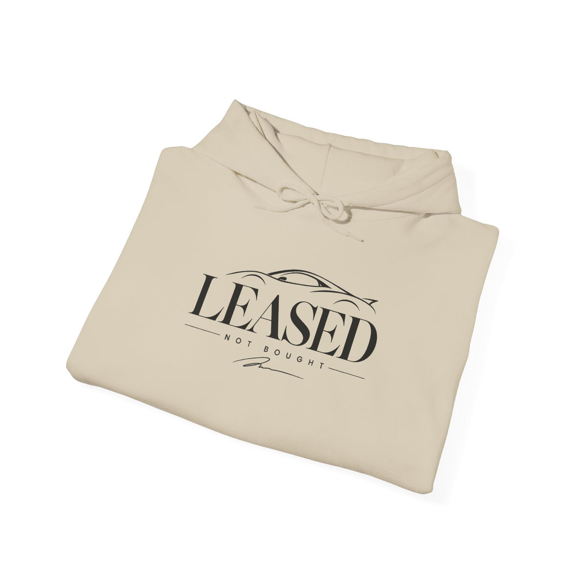 Sand hoodie with drawstring hood and kangaroo pocket, 'LEASED' front logo.