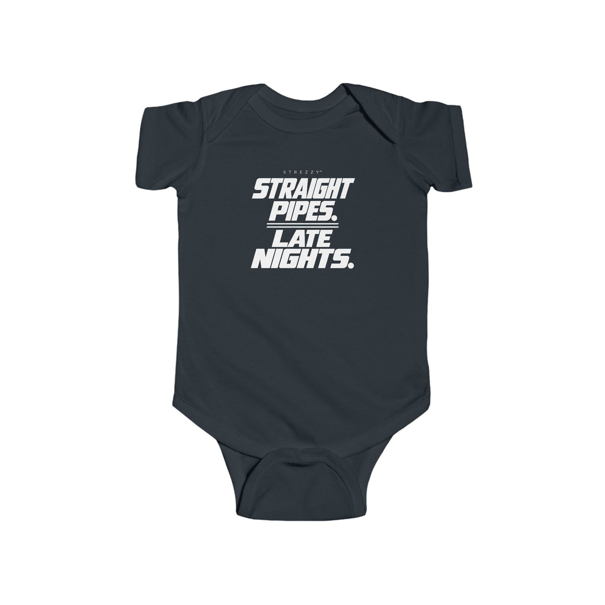 Black baby bodysuit with black 'Straight Pipes. Late Nights.' print on front.