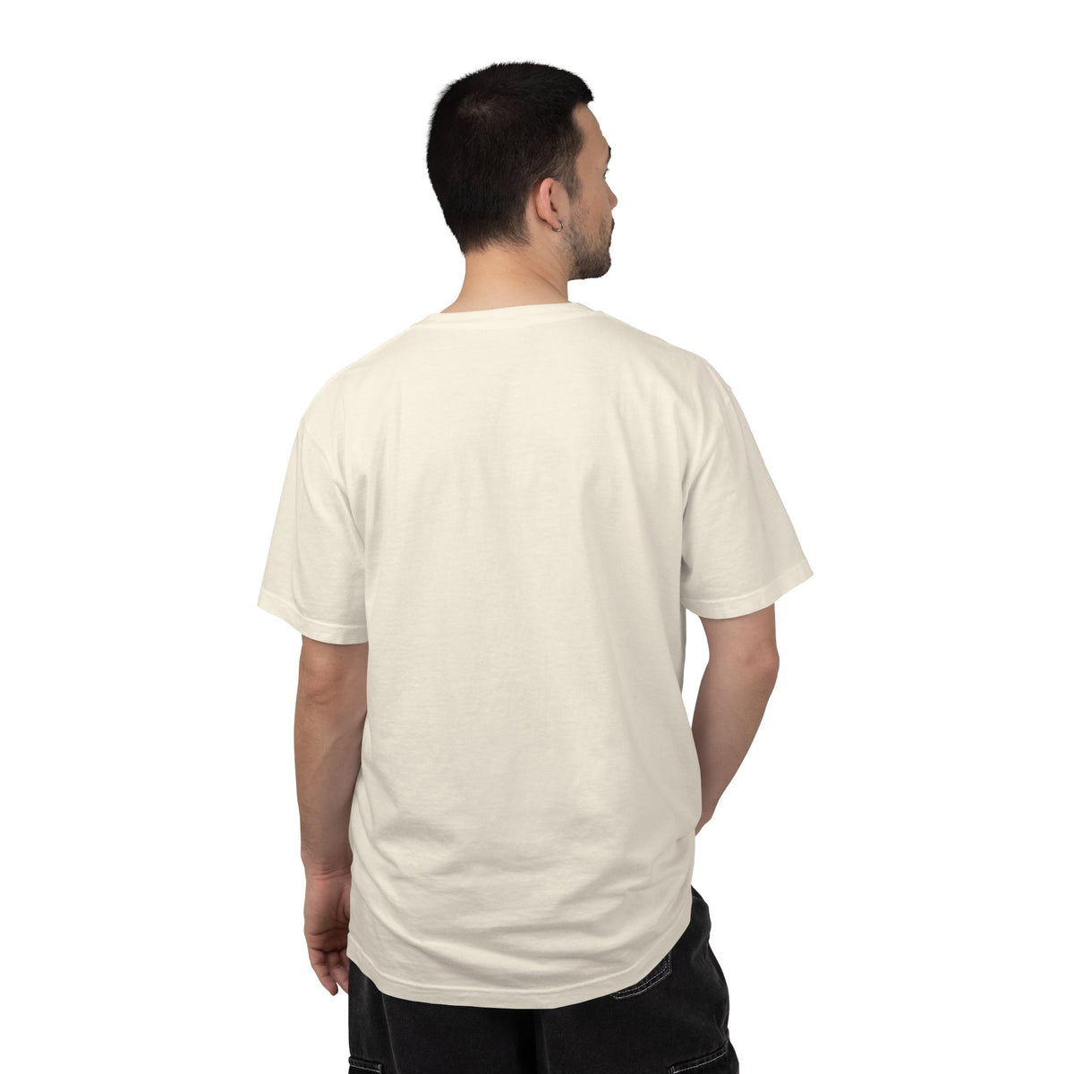 Ivory T-shirt worn from behind, plain back and crew neckline