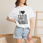 White graphic T-shirt with bold black I heart Gated Manuals slogan