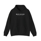 Black hoodie with front logo print, drawstring hood, and kangaroo pocket.