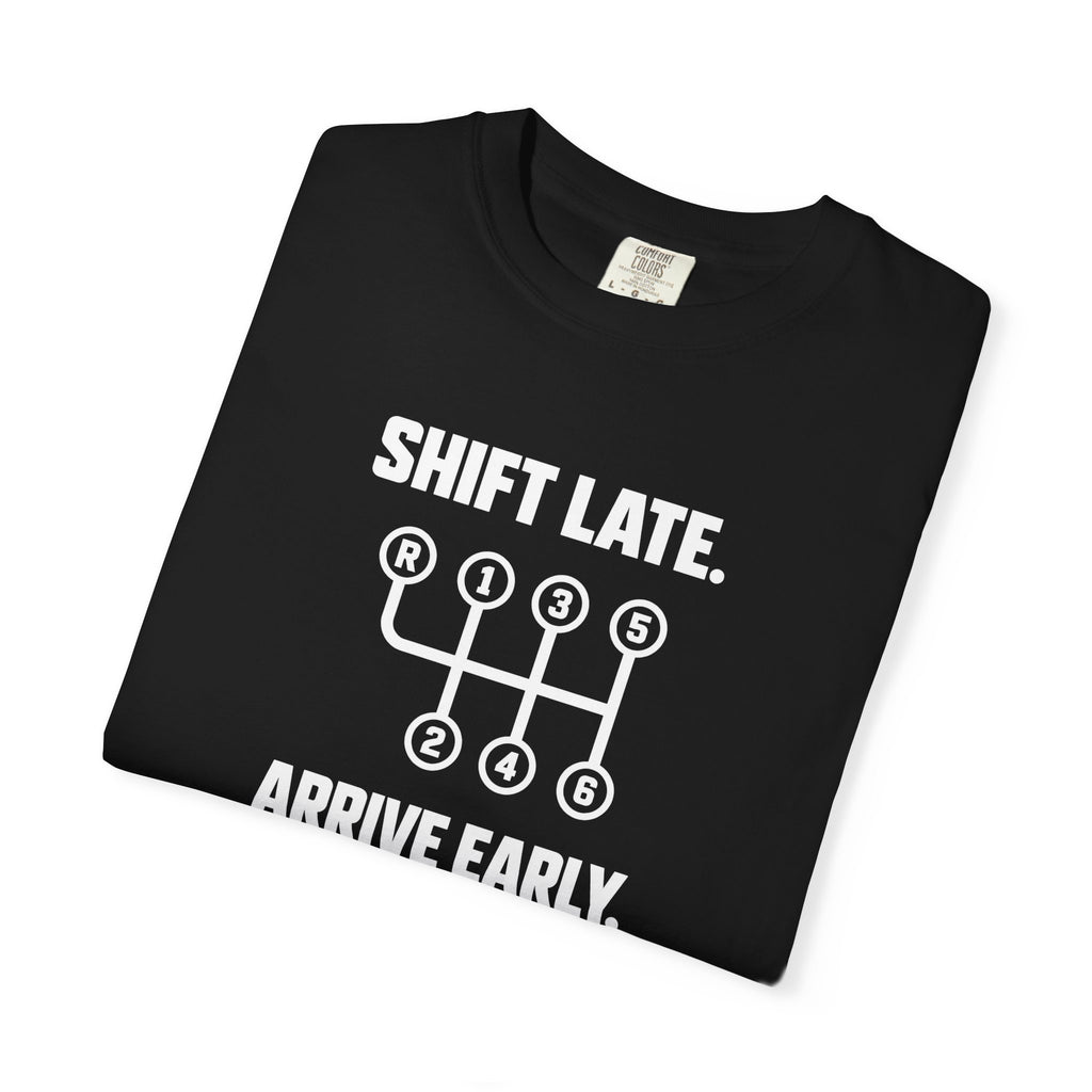 Black T-shirt with front graphic text and arrow icon