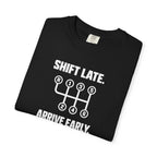 Black T-shirt with front graphic text and arrow icon