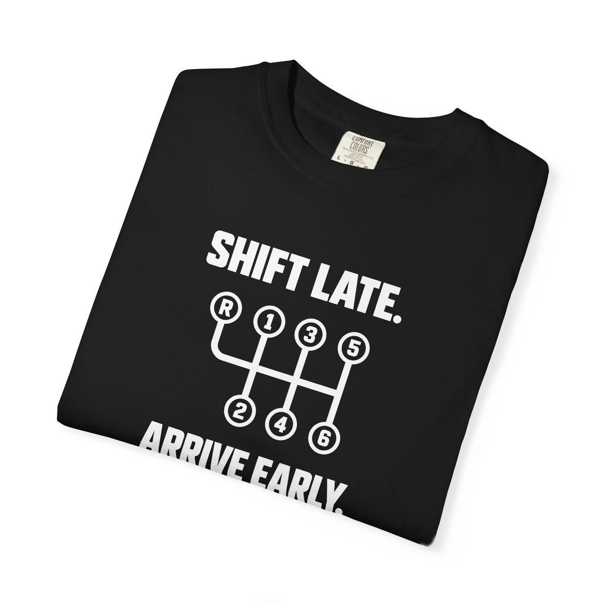 Black T-shirt with front graphic text and arrow icon
