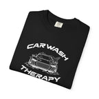 Black crew-neck T-shirt with 'CAR WASH THERAPY' car graphic