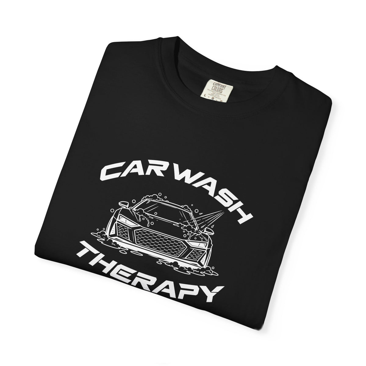 Black crew-neck T-shirt with 'CAR WASH THERAPY' car graphic