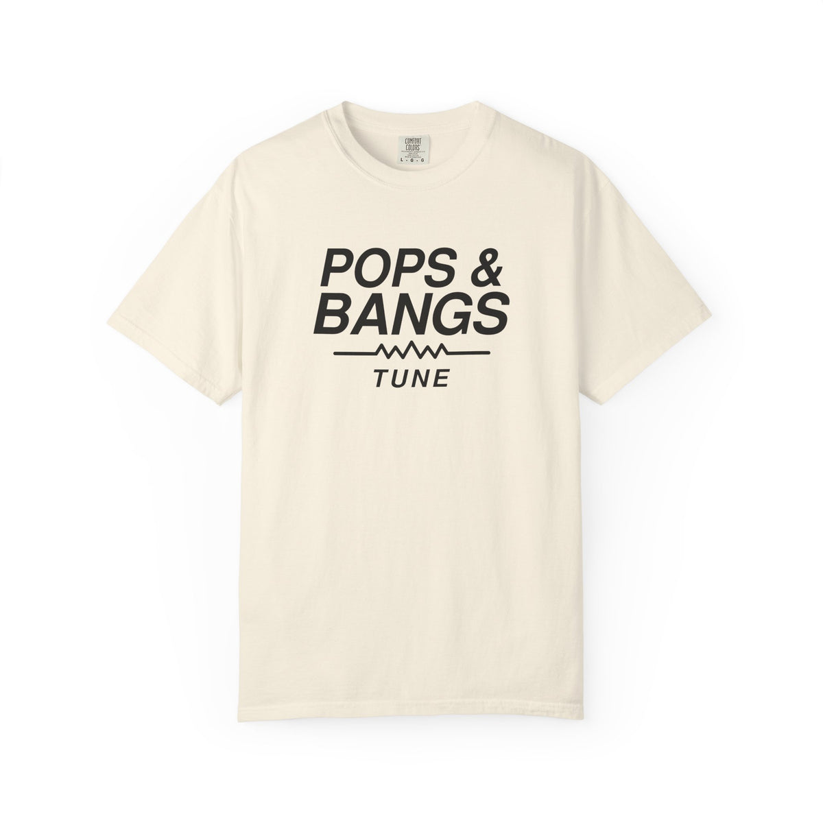 Ivory crew-neck T-shirt with "POPS & BANGS" "TUNE" graphic on the front
