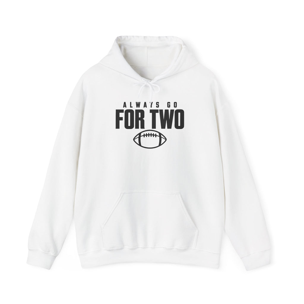 White pullover hoodie with front pocket, drawstring hood, and football graphic text