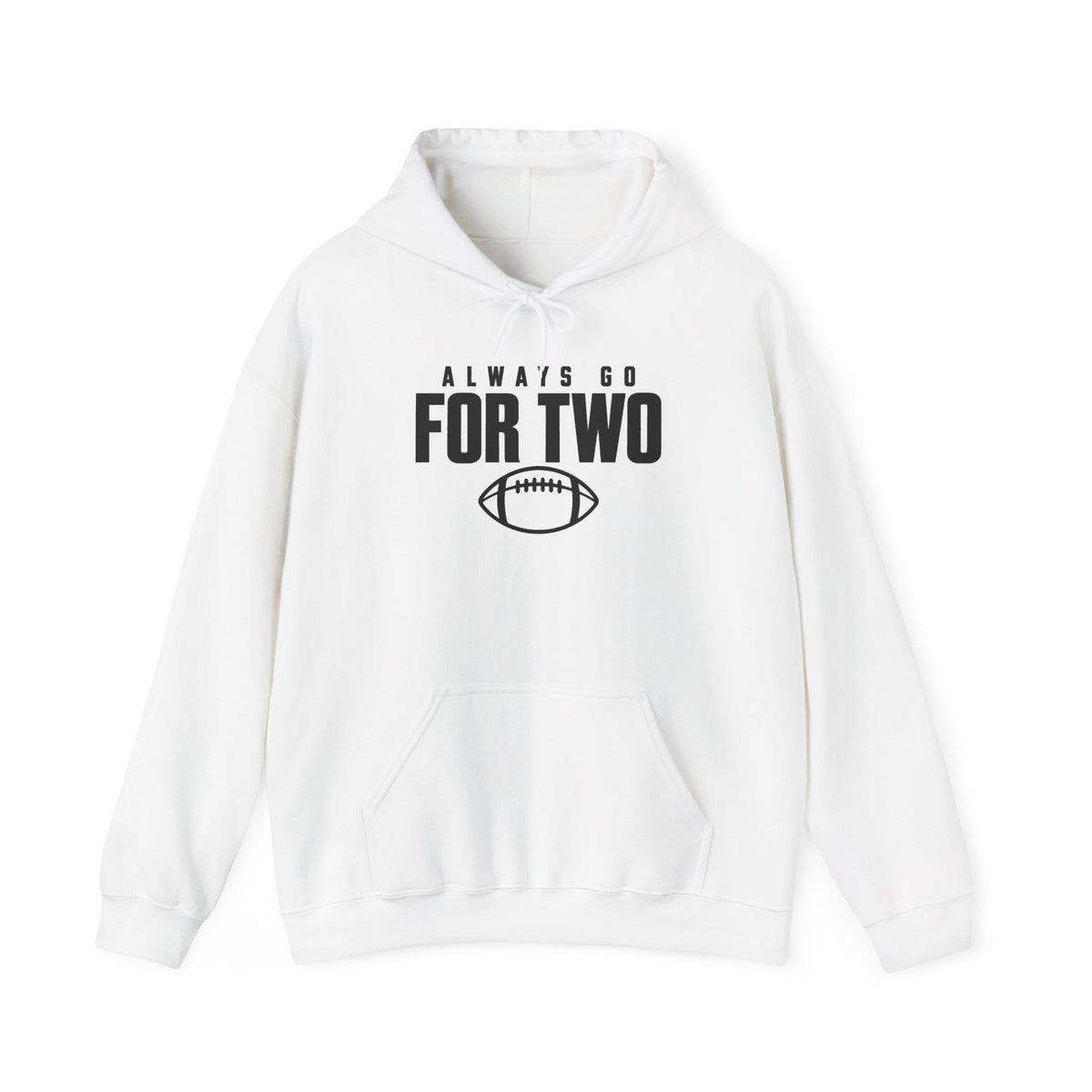 White pullover hoodie with front pocket, drawstring hood, and football graphic text