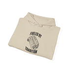 Sand pullover hoodie folded front, “Fueled by Tradition” inline engine graphic, hood and pocket