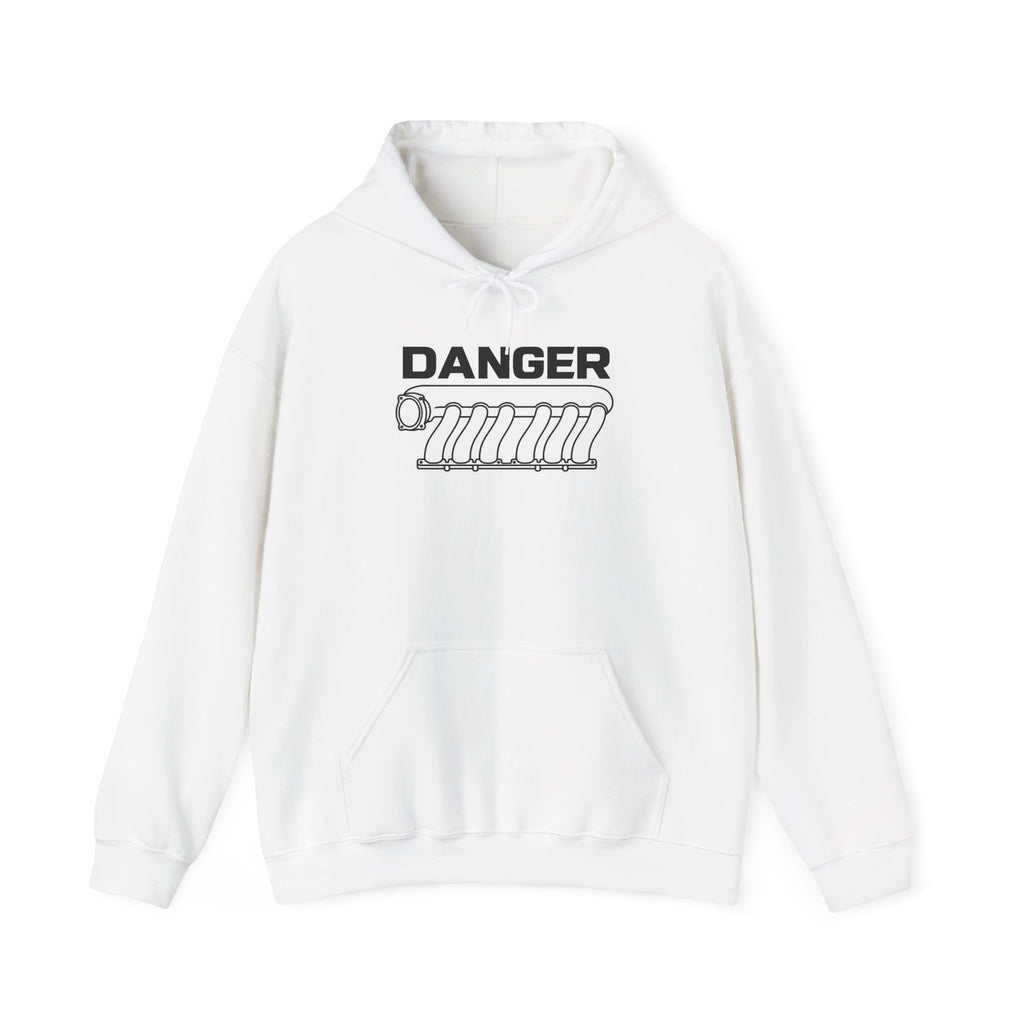 White pullover hoodie with DANGER engine graphic on front, drawstring hood
