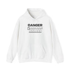 White pullover hoodie with DANGER engine graphic on front, drawstring hood