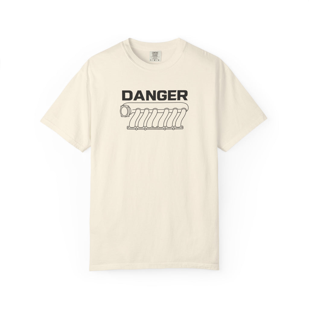 Ivory crewneck T-shirt with "DANGER" intake manifold graphic on chest