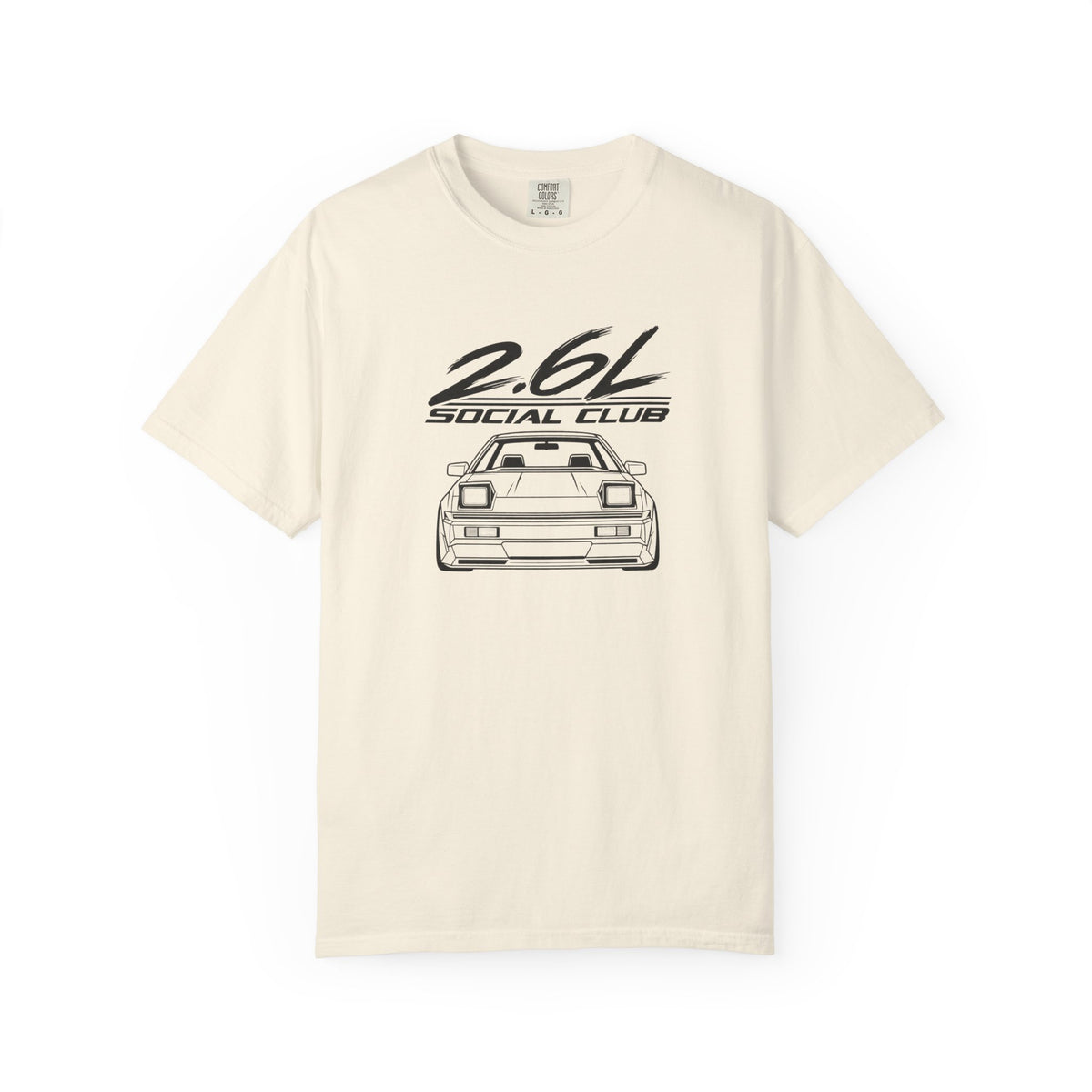 Ivory crew-neck T-shirt with 2.6L Social Club JDM car graphic