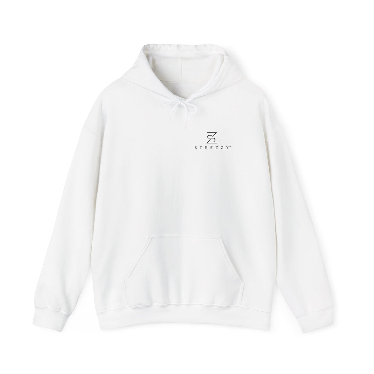 White pullover hoodie with kangaroo pocket, drawstring hood, small chest Strezzy logo.