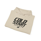 Sand-colored folded hoodie with Cold Start Season logo graphic on front