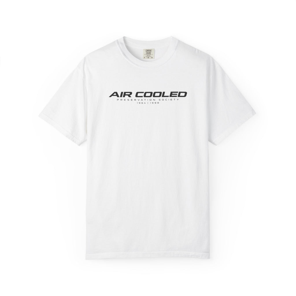 White crew-neck T-shirt with front "AIR COOLED" logo print