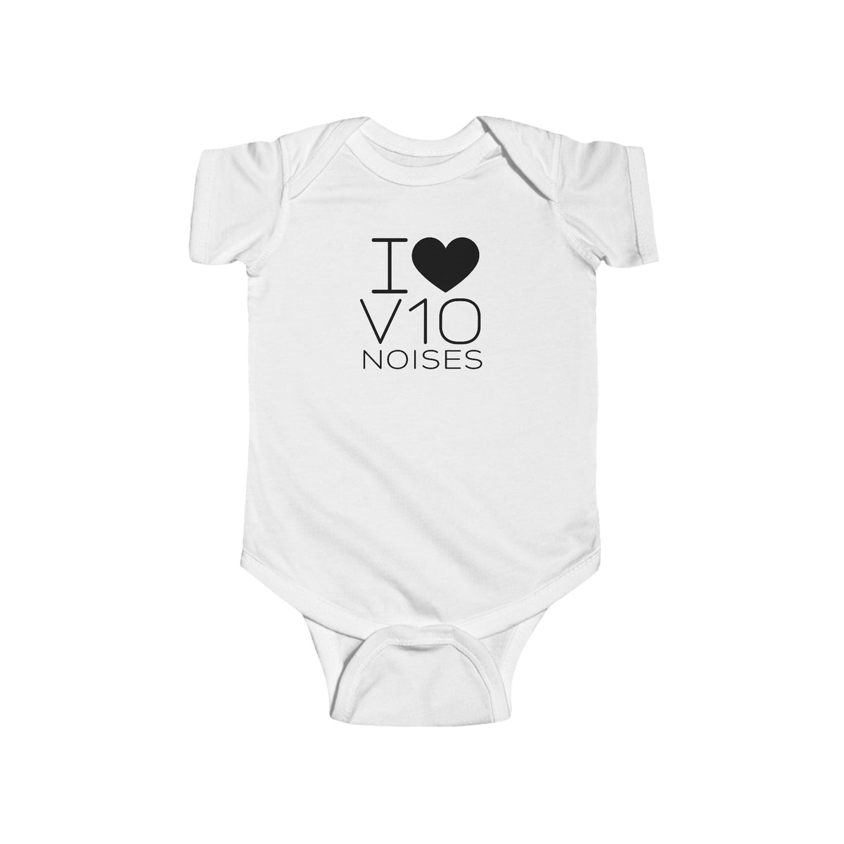 White baby bodysuit with black heart and “I V10 noises” graphic print